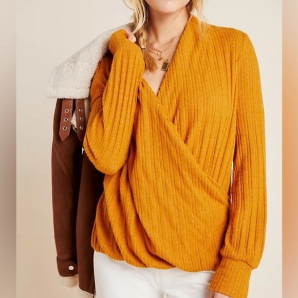 ANTHROPOLOGIE MAEVE Women's Sweater Burnt Orange / Brown Wrap Ribbed V-Neck Sz S - Picture 1 of 8
